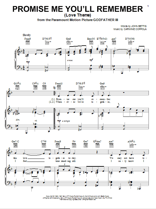 John Bettis Promise Me You'll Remember (Love Theme) Sheet Music Notes & Chords for Piano, Vocal & Guitar (Right-Hand Melody) - Download or Print PDF
