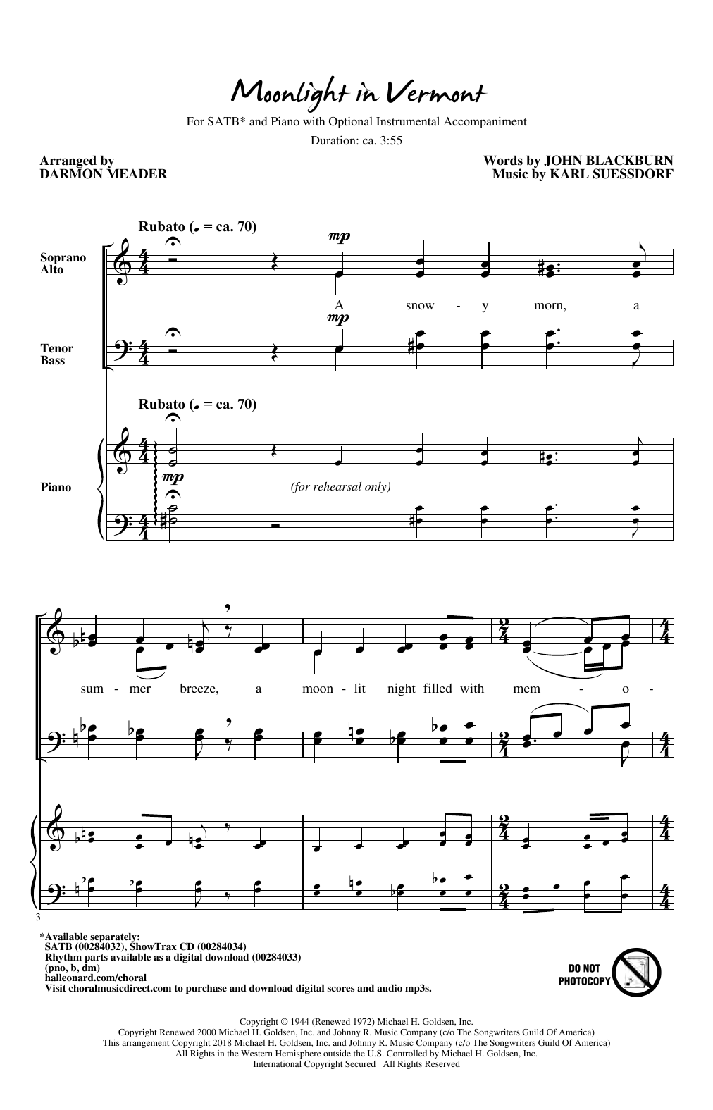 John Blackburn & Karl Suessdorf Moonlight in Vermont (arr. Darmon Meader) Sheet Music Notes & Chords for SATB - Download or Print PDF