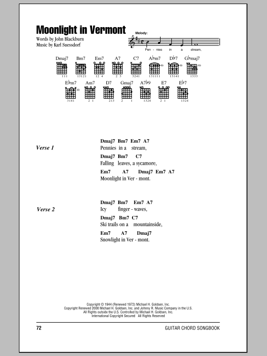 Karl Suessdorf Moonlight In Vermont Sheet Music Notes & Chords for Lyrics & Chords - Download or Print PDF