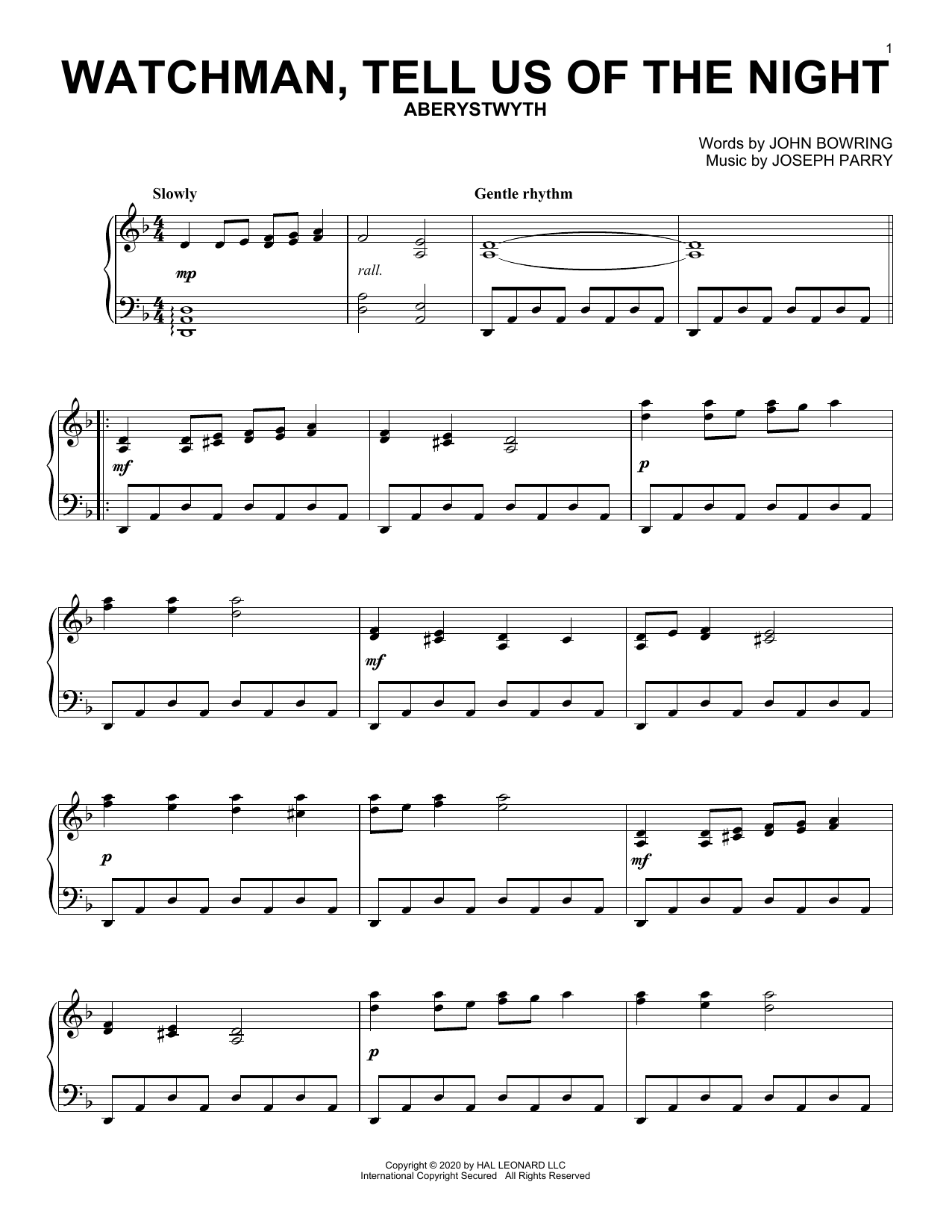 John Bowring and Joseph Parry Watchman, Tell Us Of The Night Sheet Music Notes & Chords for Piano Solo - Download or Print PDF