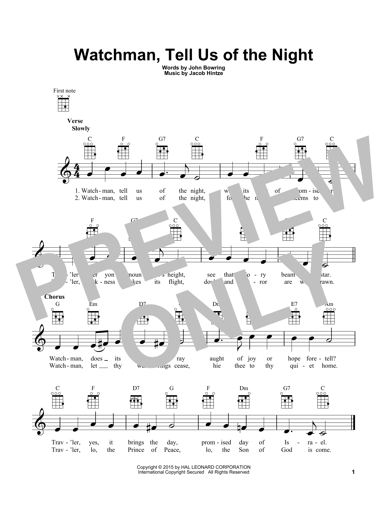 John Bowring Watchman, Tell Us Of The Night Sheet Music Notes & Chords for Ukulele - Download or Print PDF