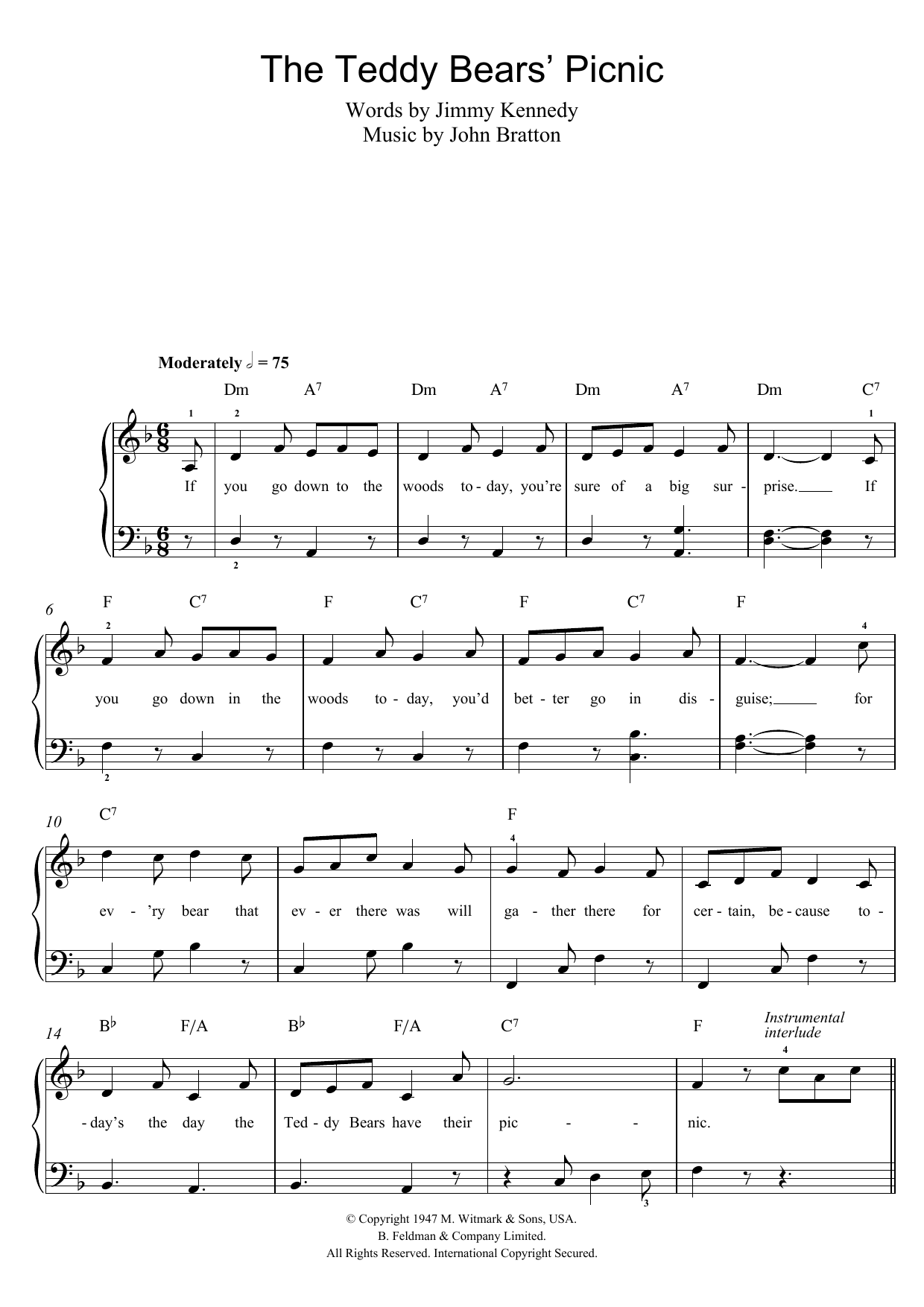 John Bratton The Teddy Bears' Picnic Sheet Music Notes & Chords for Easy Piano - Download or Print PDF