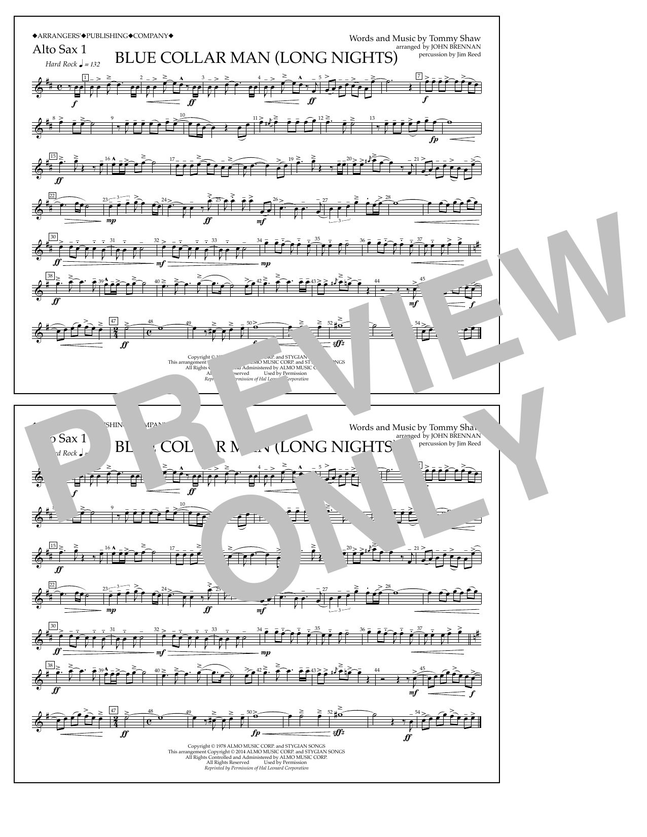 John Brennan Blue Collar Man (Long Nights) - Alto Sax 1 Sheet Music Notes & Chords for Marching Band - Download or Print PDF
