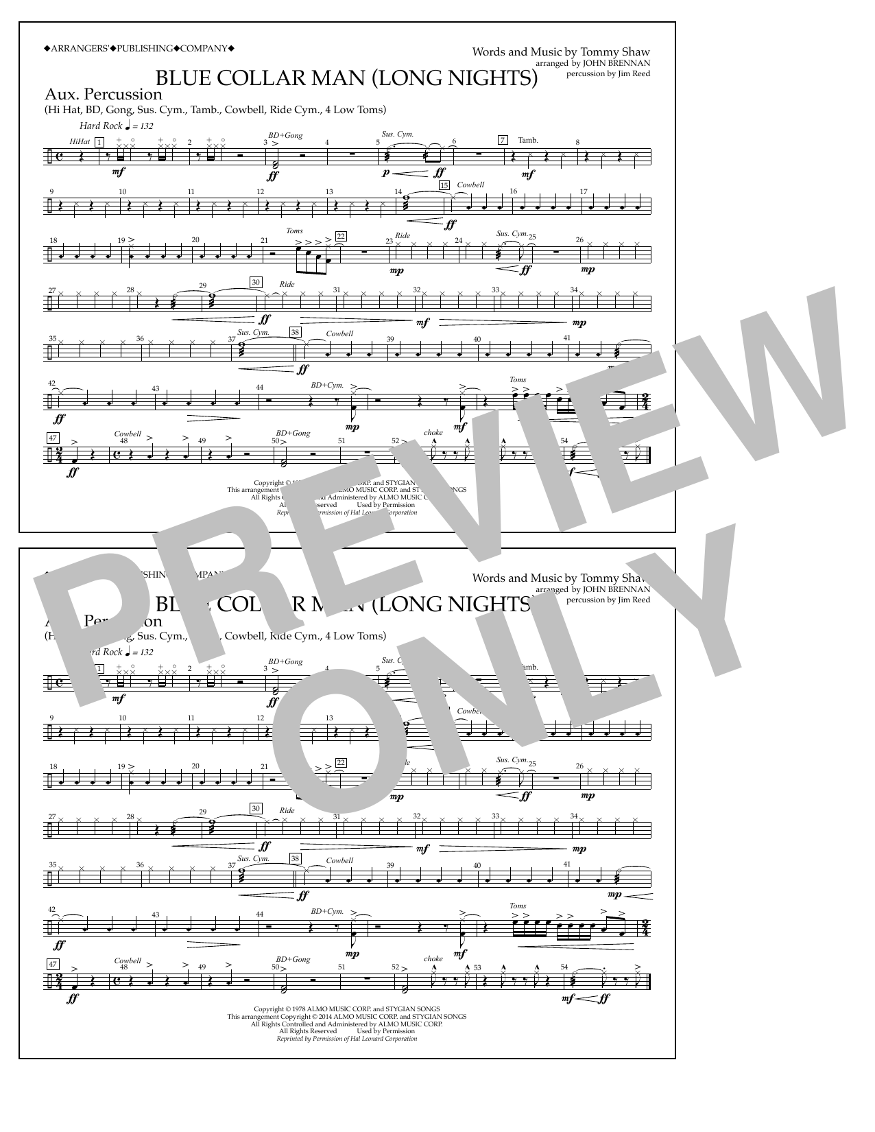 John Brennan Blue Collar Man (Long Nights) - Aux Percussion Sheet Music Notes & Chords for Marching Band - Download or Print PDF