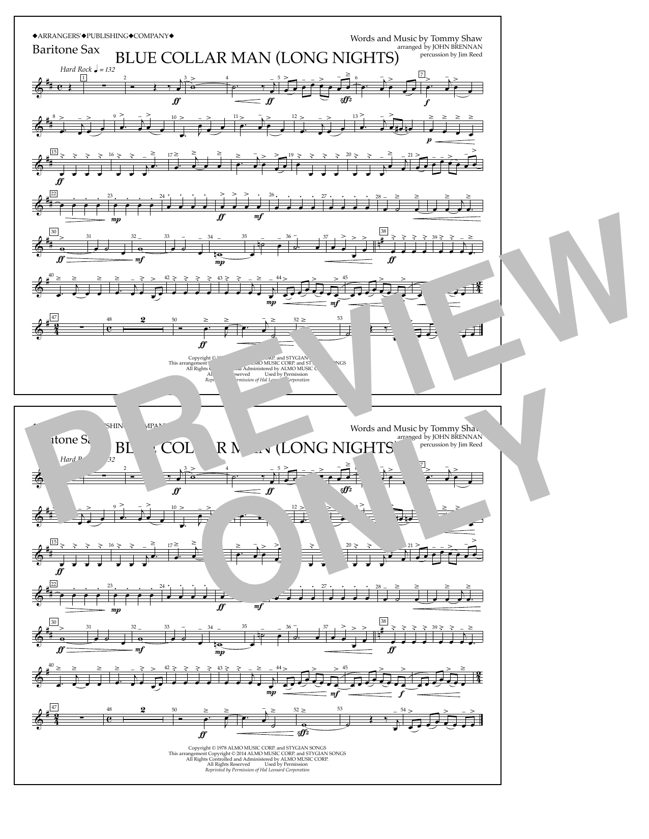 John Brennan Blue Collar Man (Long Nights) - Baritone Sax Sheet Music Notes & Chords for Marching Band - Download or Print PDF