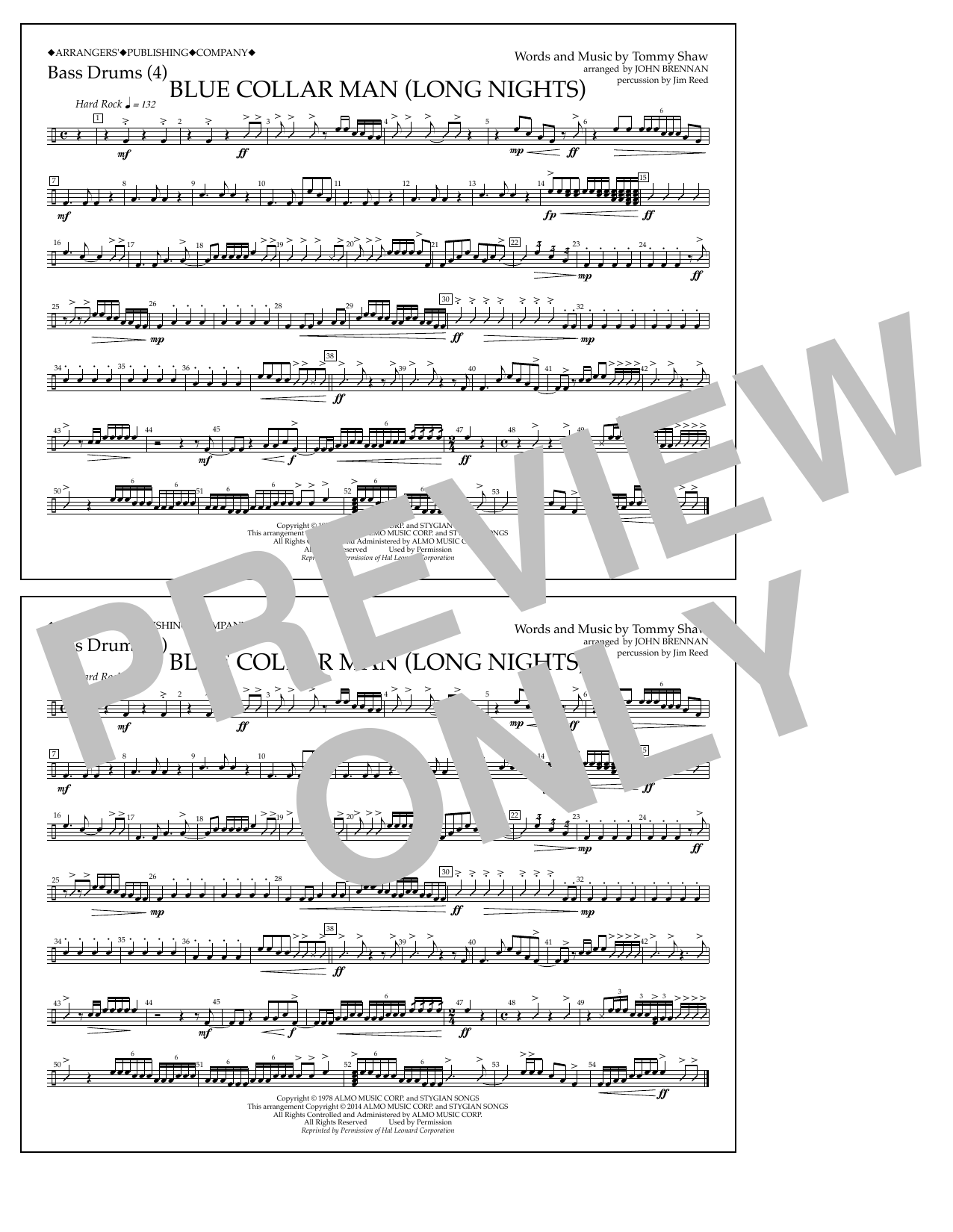 John Brennan Blue Collar Man (Long Nights) - Bass Drums Sheet Music Notes & Chords for Marching Band - Download or Print PDF