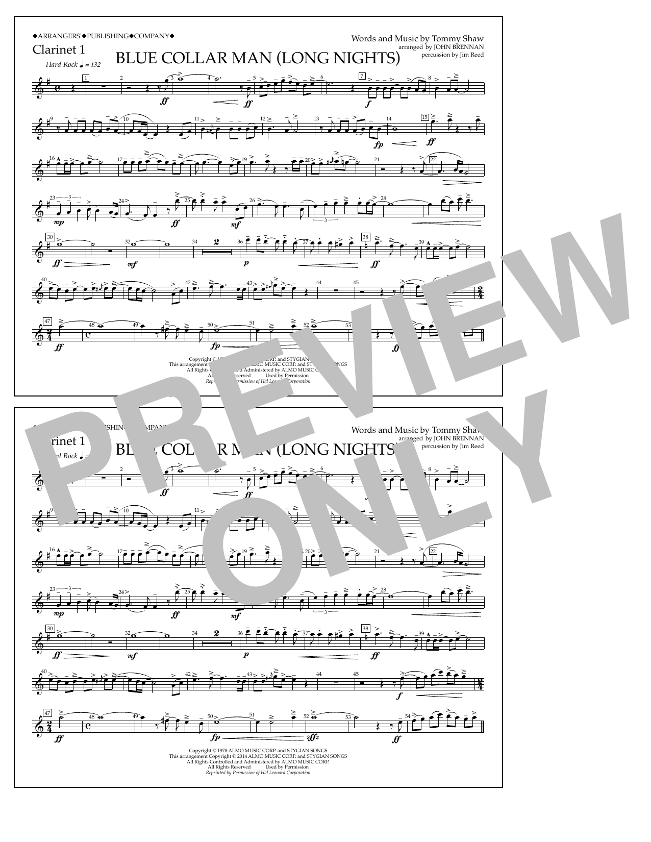 John Brennan Blue Collar Man (Long Nights) - Clarinet 1 Sheet Music Notes & Chords for Marching Band - Download or Print PDF