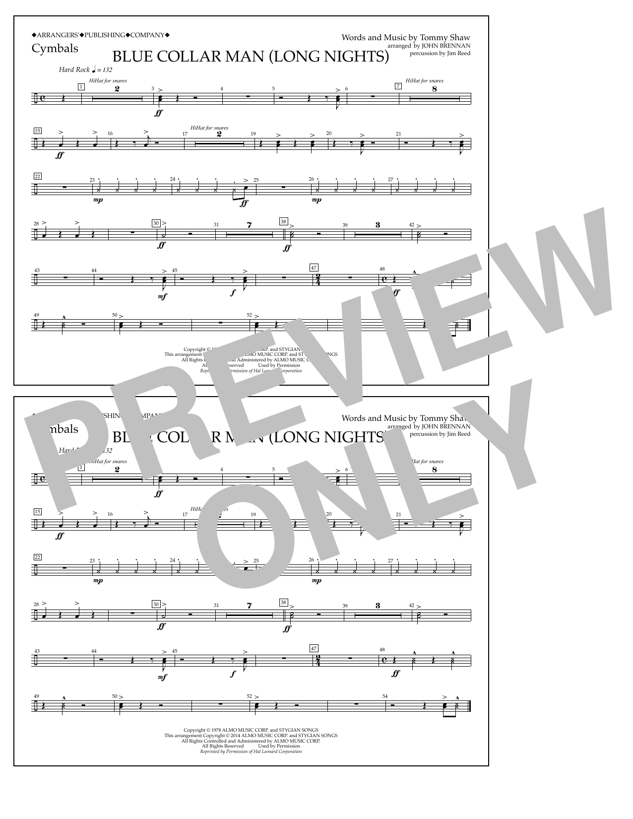 John Brennan Blue Collar Man (Long Nights) - Cymbals Sheet Music Notes & Chords for Marching Band - Download or Print PDF