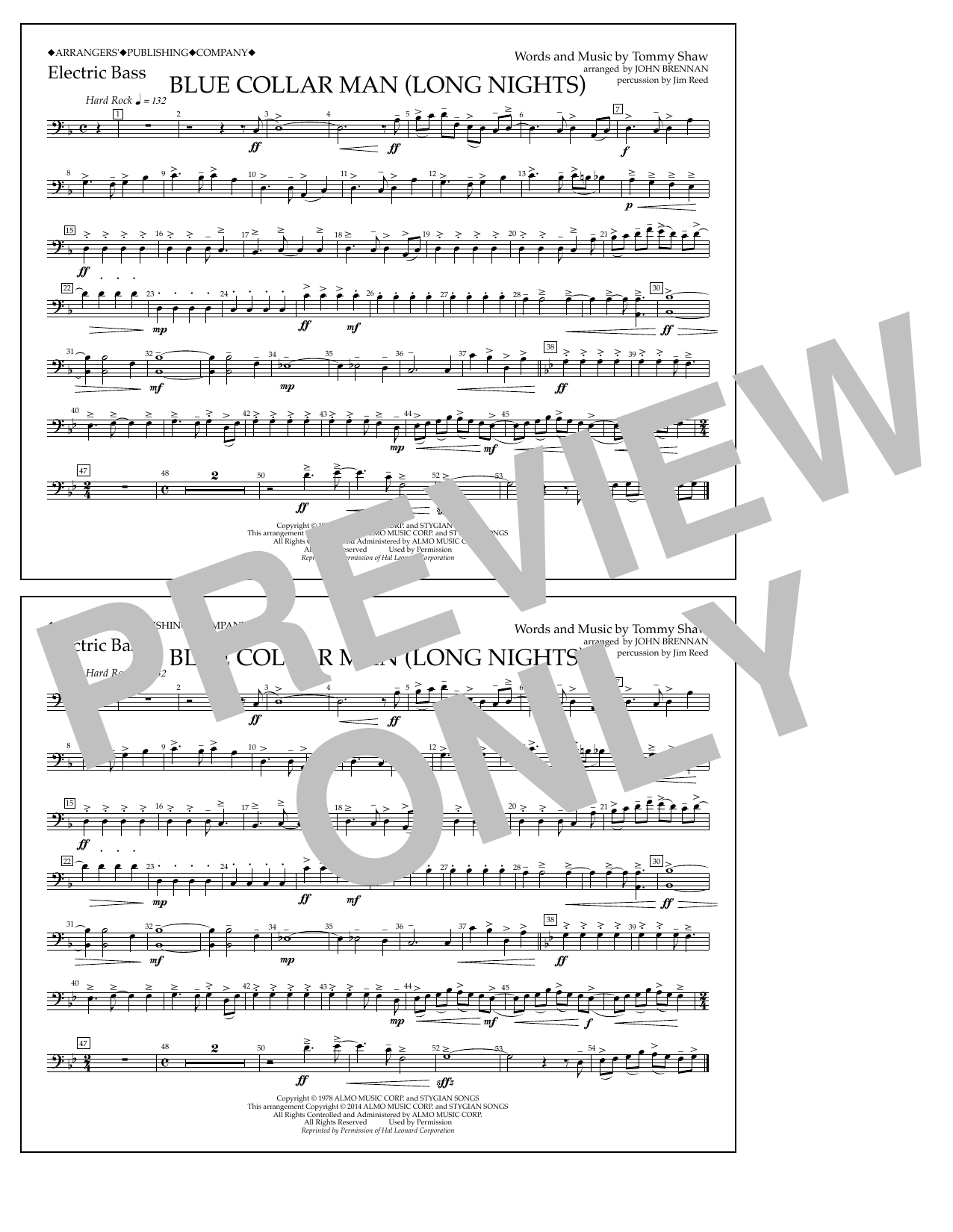 John Brennan Blue Collar Man (Long Nights) - Electric Bass Sheet Music Notes & Chords for Marching Band - Download or Print PDF