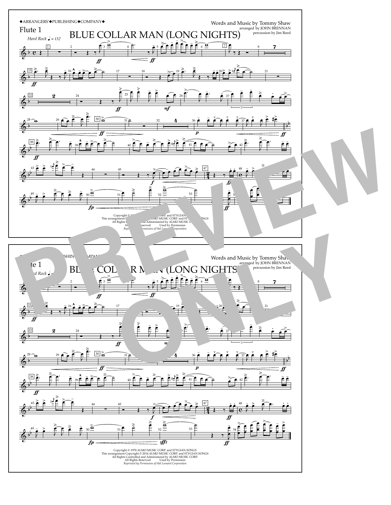 John Brennan Blue Collar Man (Long Nights) - Flute 1 Sheet Music Notes & Chords for Marching Band - Download or Print PDF