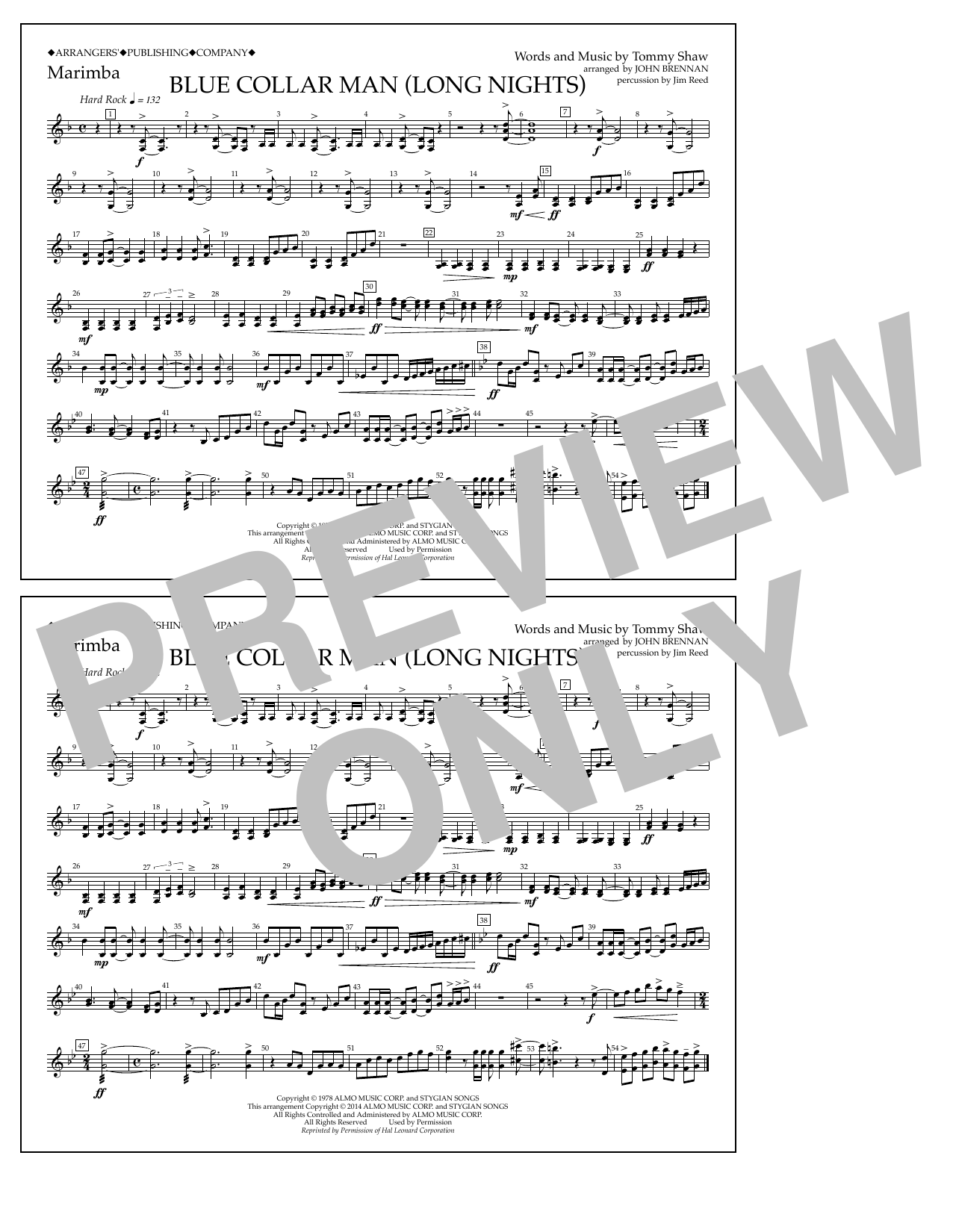 John Brennan Blue Collar Man (Long Nights) - Marimba Sheet Music Notes & Chords for Marching Band - Download or Print PDF
