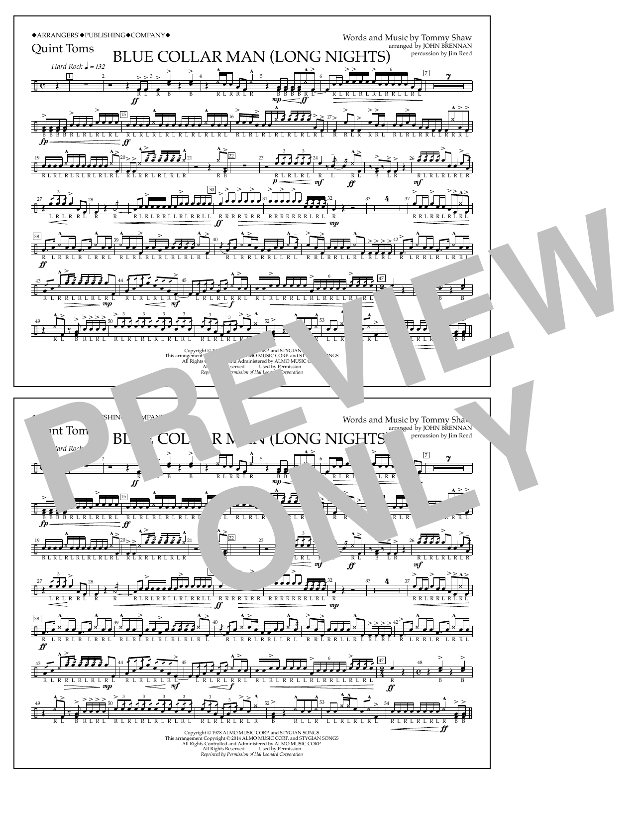 John Brennan Blue Collar Man (Long Nights) - Quint-Toms Sheet Music Notes & Chords for Marching Band - Download or Print PDF