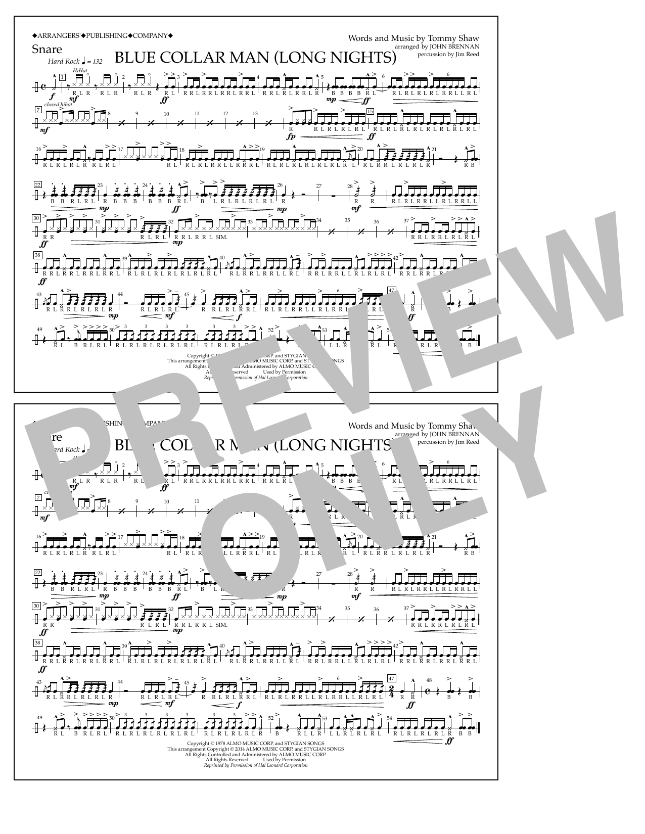John Brennan Blue Collar Man (Long Nights) - Snare Sheet Music Notes & Chords for Marching Band - Download or Print PDF