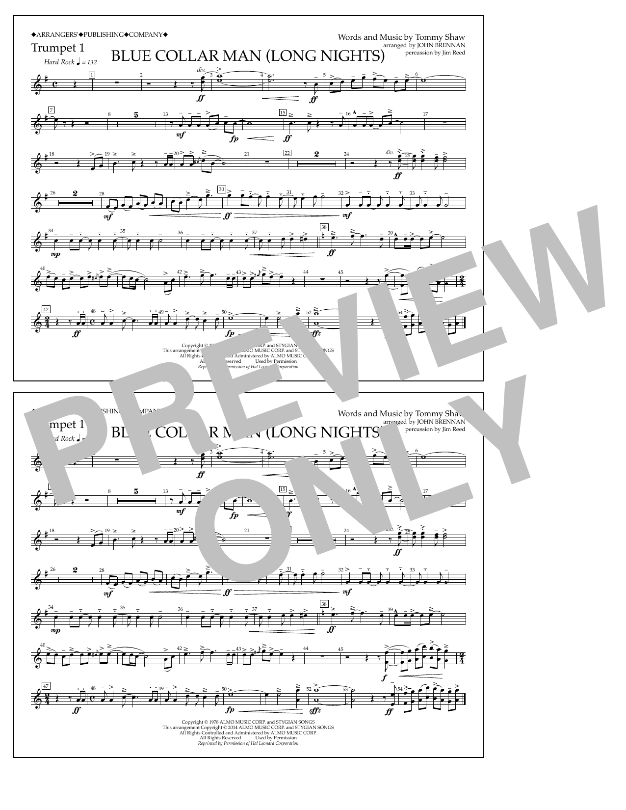 John Brennan Blue Collar Man (Long Nights) - Trumpet 1 Sheet Music Notes & Chords for Marching Band - Download or Print PDF