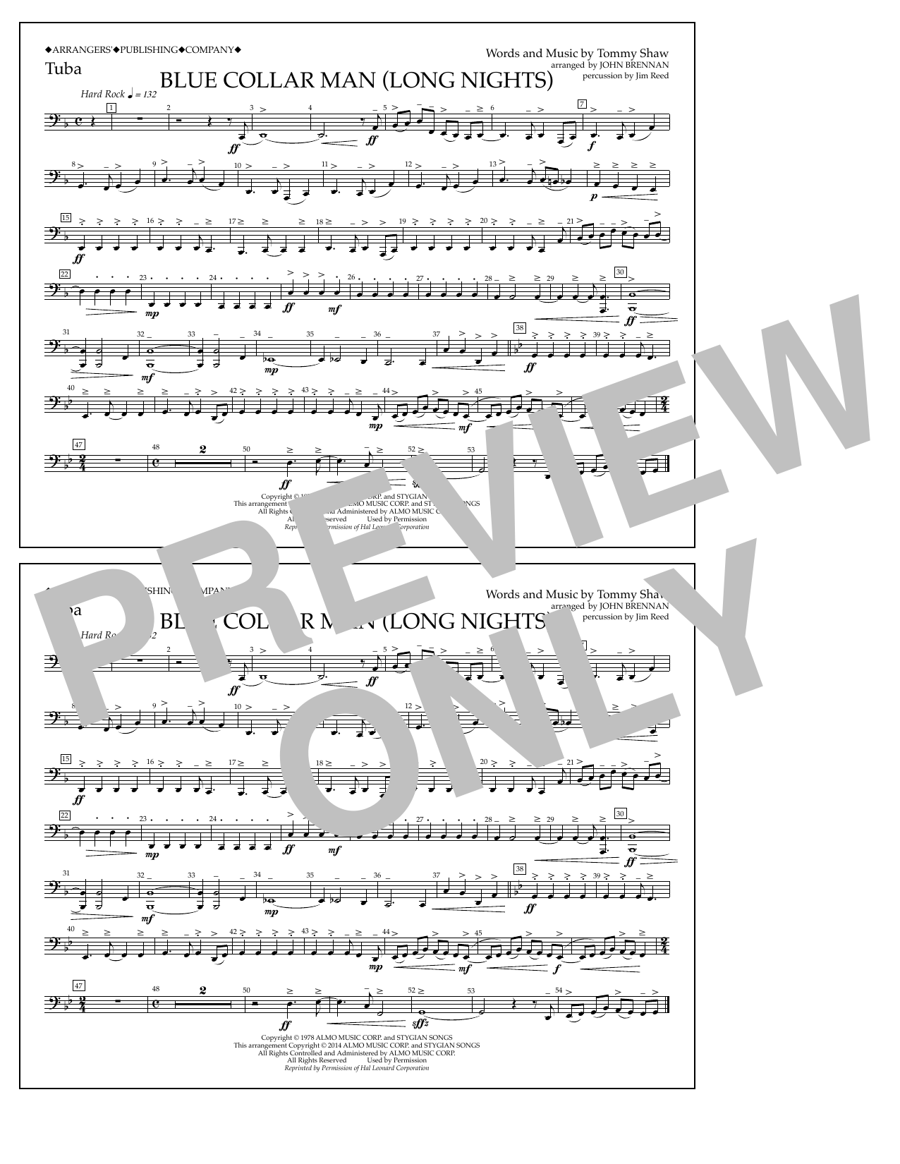 John Brennan Blue Collar Man (Long Nights) - Tuba Sheet Music Notes & Chords for Marching Band - Download or Print PDF