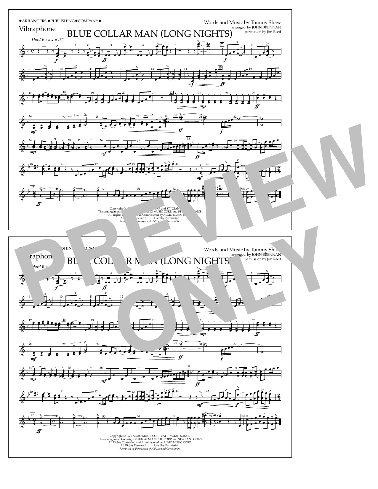 John Brennan Blue Collar Man (Long Nights) - Vibraphone Sheet Music Notes & Chords for Marching Band - Download or Print PDF