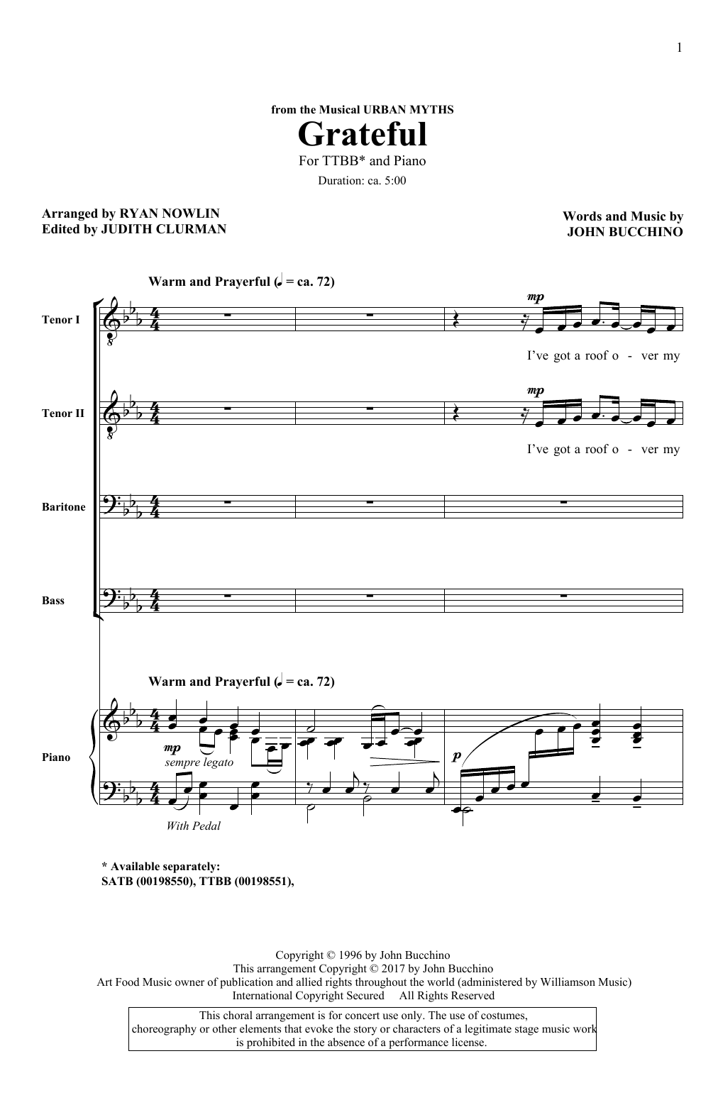 John Bucchino Grateful Sheet Music Notes & Chords for TTBB - Download or Print PDF