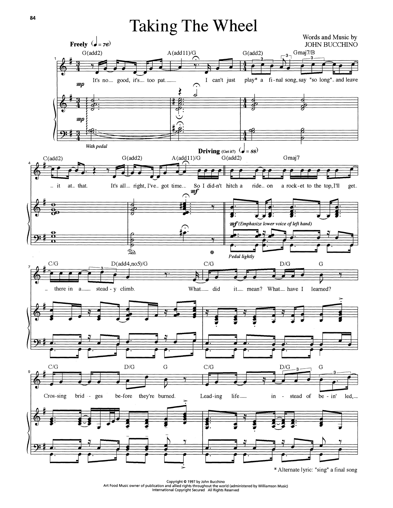 John Bucchino Taking The Wheel Sheet Music Notes & Chords for Piano & Vocal - Download or Print PDF
