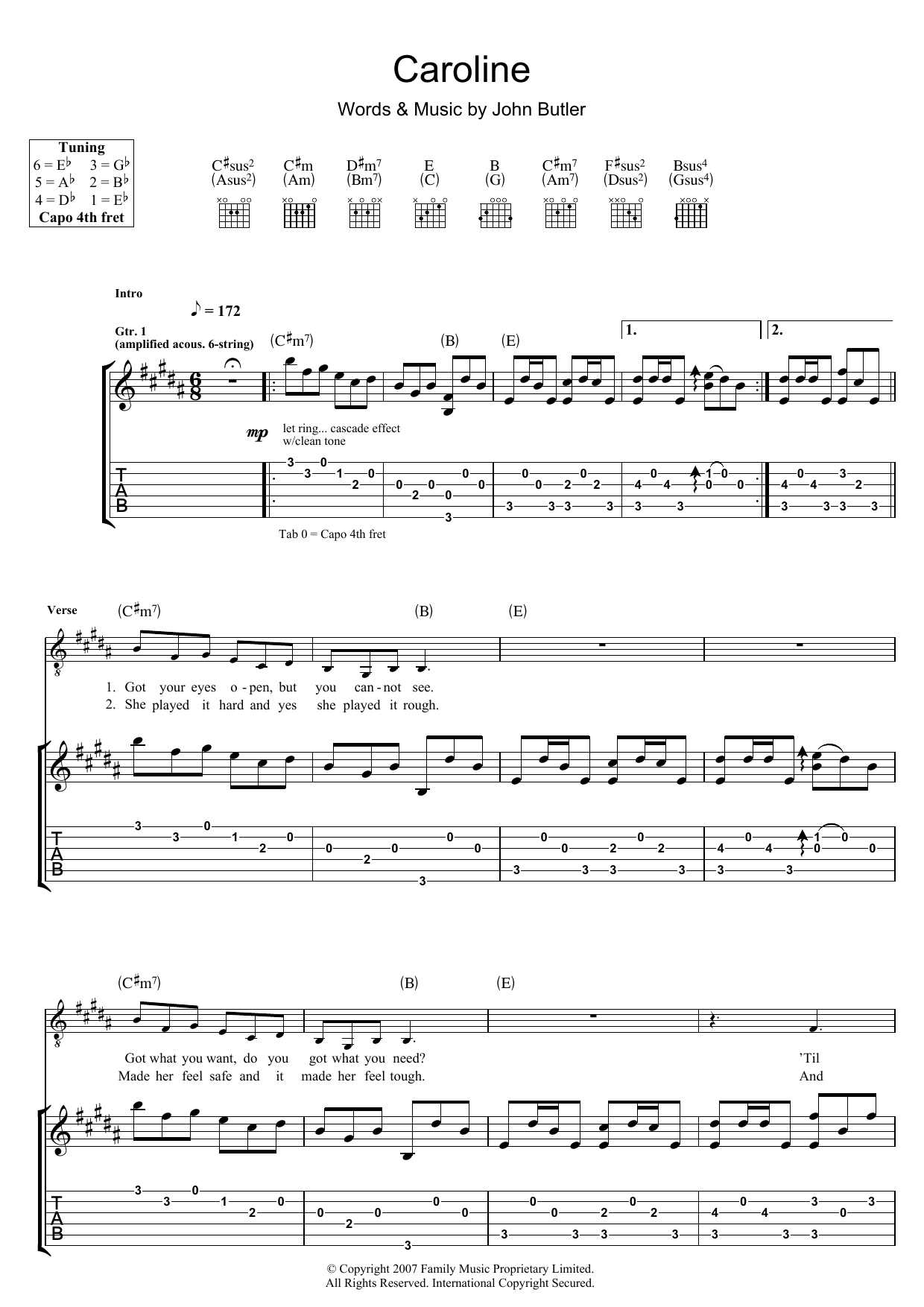 John Butler Caroline Sheet Music Notes & Chords for Guitar Tab - Download or Print PDF