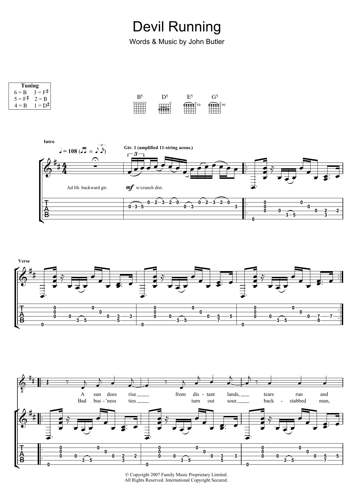 John Butler Devil Running Sheet Music Notes & Chords for Guitar Tab - Download or Print PDF