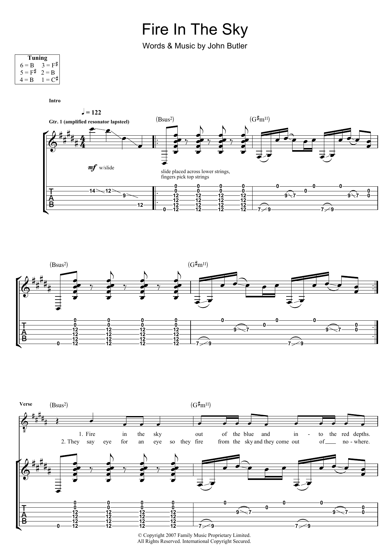 John Butler Fire In The Sky Sheet Music Notes & Chords for Guitar Tab - Download or Print PDF