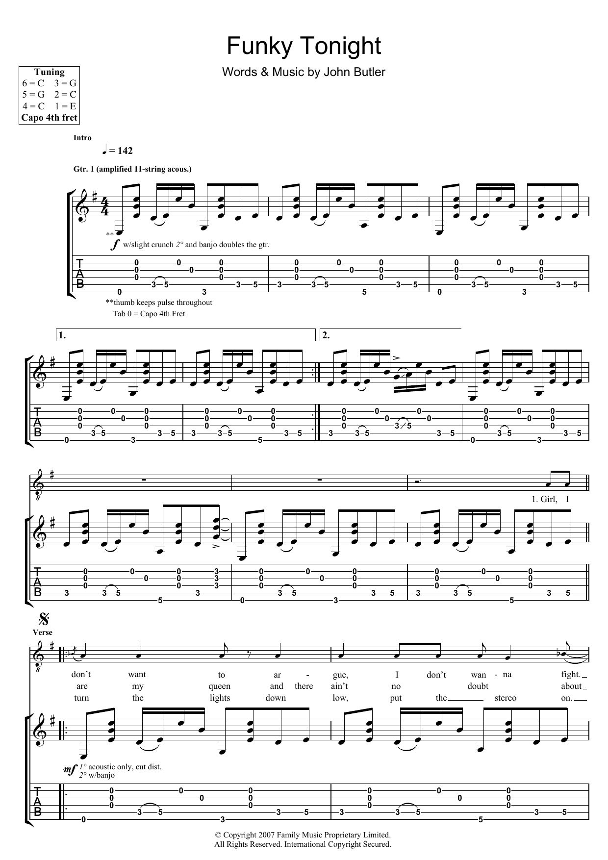 John Butler Funky Tonight Sheet Music Notes & Chords for Guitar Tab - Download or Print PDF