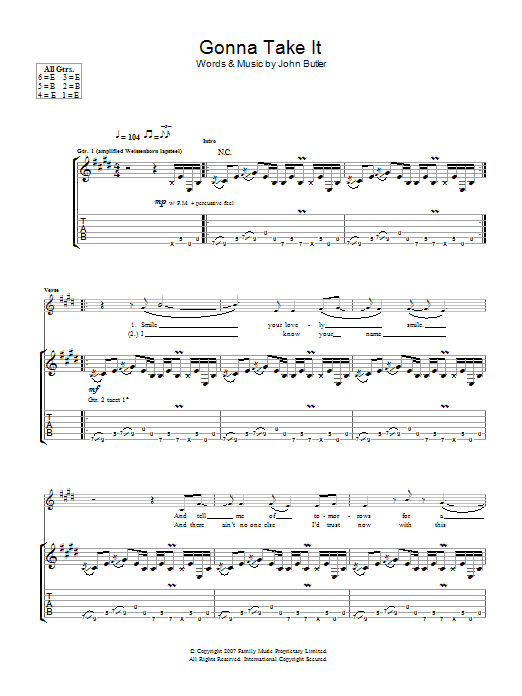 John Butler Gonna Take It Sheet Music Notes & Chords for Guitar Tab - Download or Print PDF