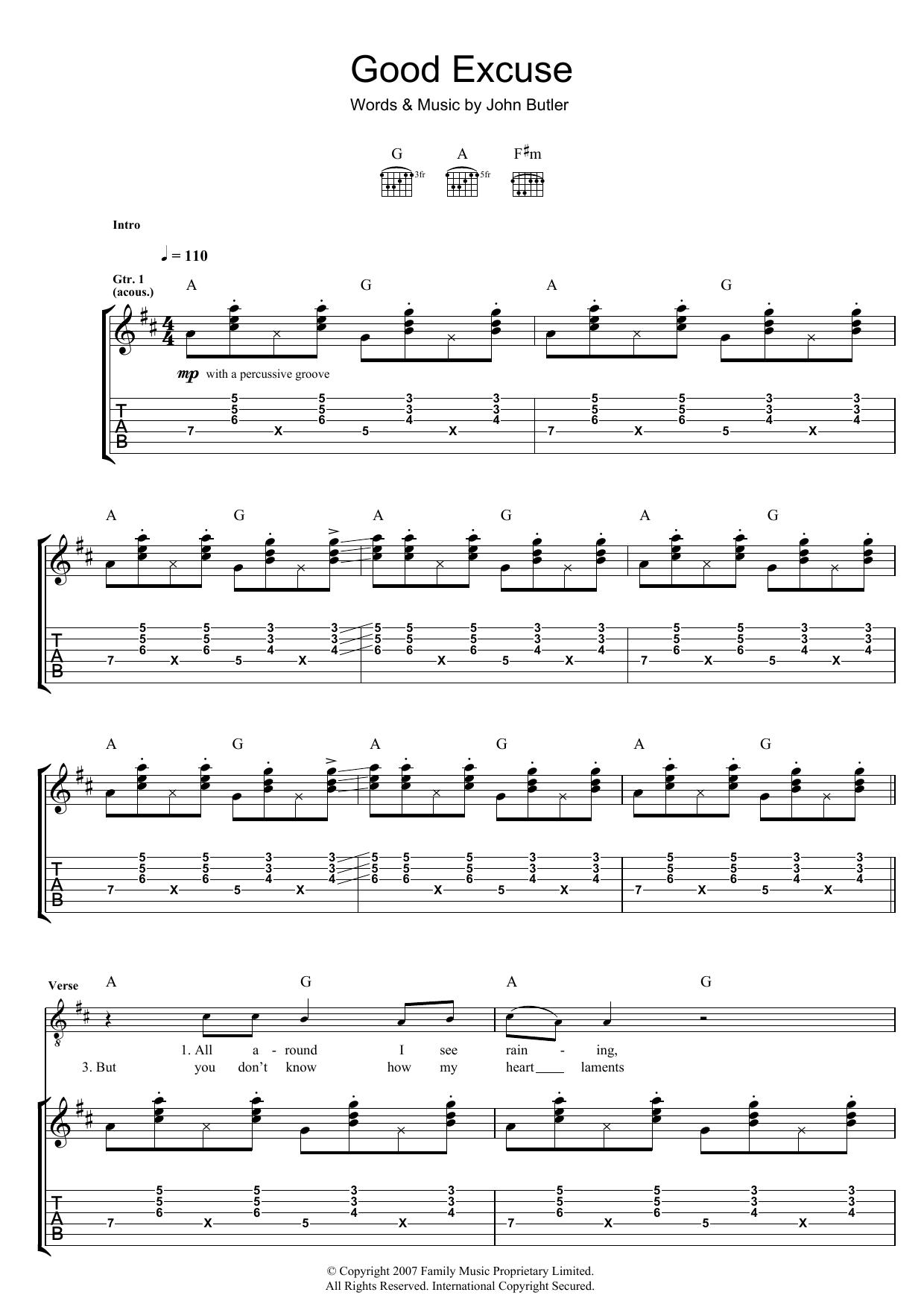 John Butler Good Excuse Sheet Music Notes & Chords for Guitar Tab - Download or Print PDF