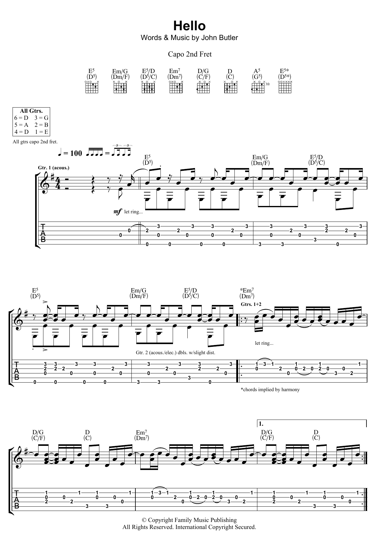 John Butler Hello Sheet Music Notes & Chords for Guitar Tab - Download or Print PDF