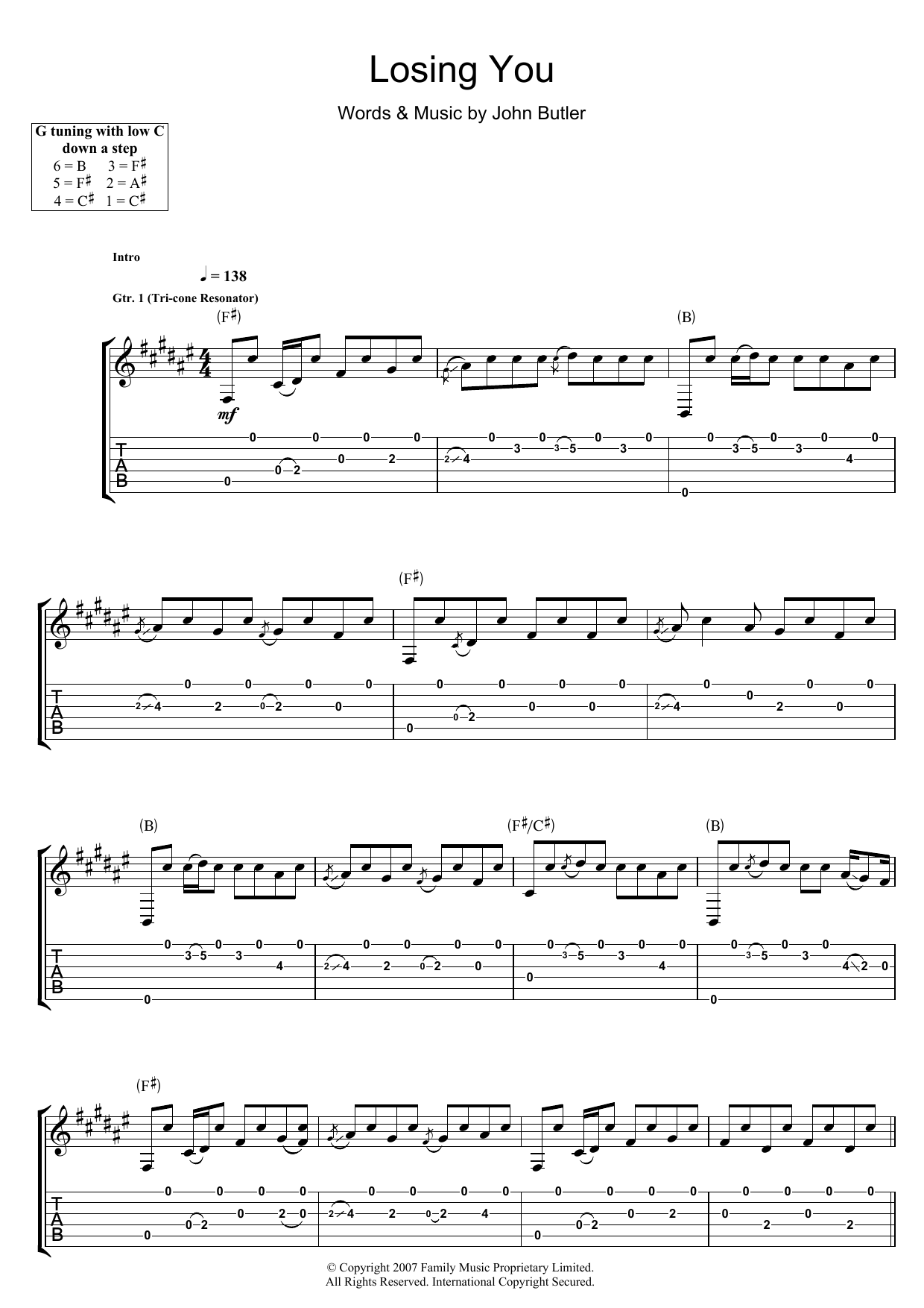 John Butler Losing You Sheet Music Notes & Chords for Guitar Tab - Download or Print PDF
