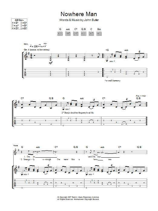 John Butler Nowhere Man Sheet Music Notes & Chords for Guitar Tab - Download or Print PDF
