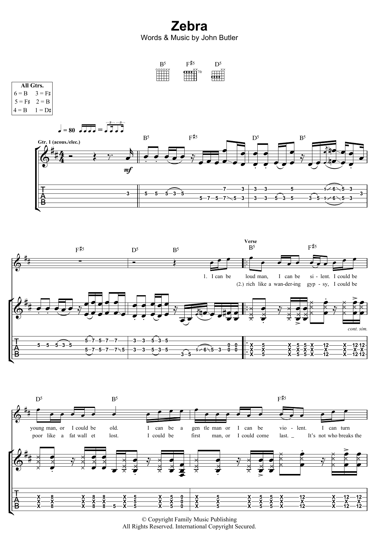 John Butler Zebra Sheet Music Notes & Chords for Guitar Tab - Download or Print PDF
