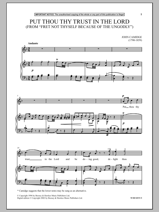 John Camidge Put Thou Thy Trust In The Lord (from Fret Not Thyself Because Of The Ungodly) Sheet Music Notes & Chords for Piano & Vocal - Download or Print PDF