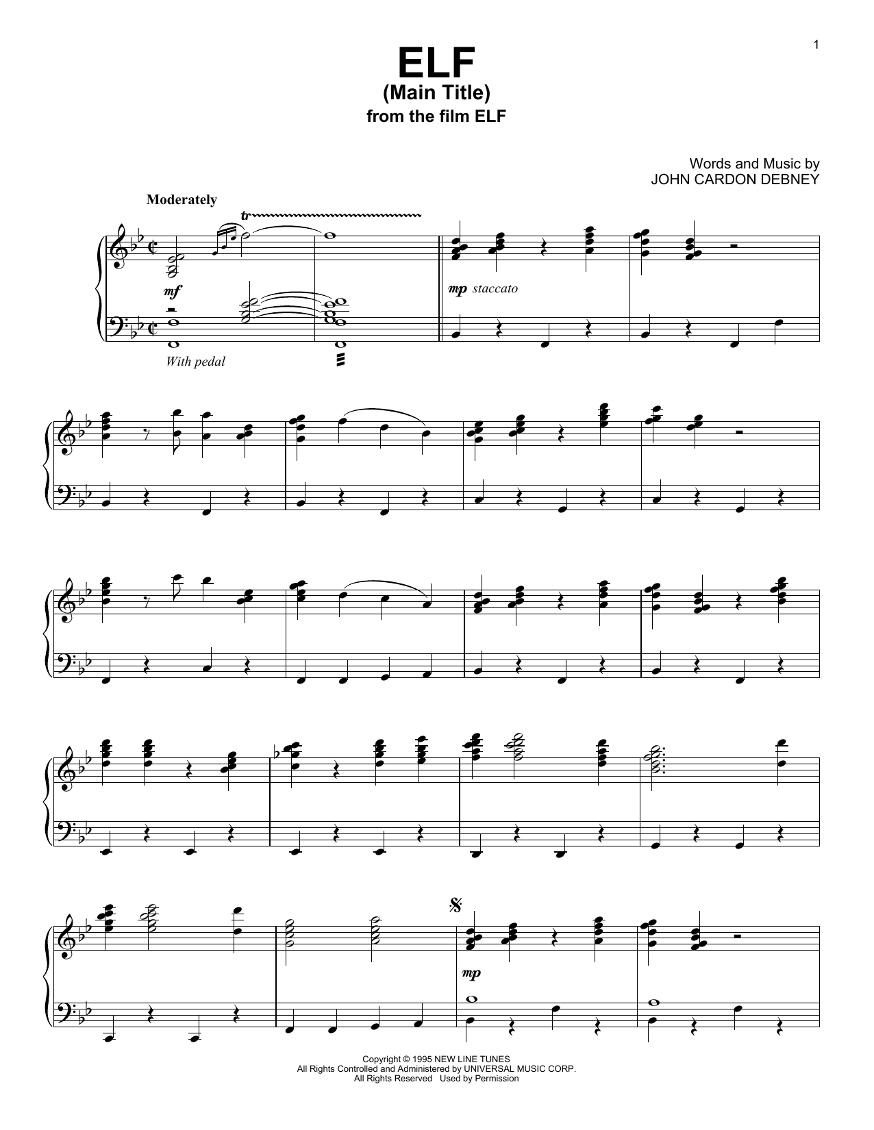 John Cardon Debney Elf (Main Title) Sheet Music Notes & Chords for Piano Solo - Download or Print PDF