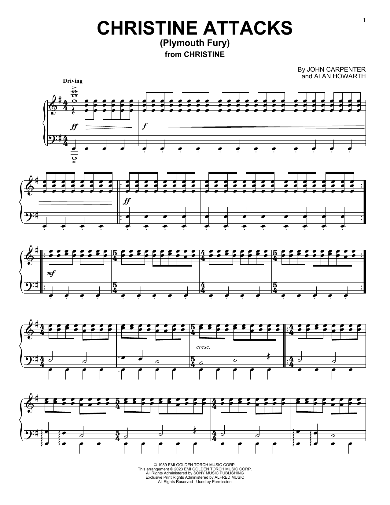 John Carpenter Christine Attacks (Plymouth Fury) (from Christine) Sheet Music Notes & Chords for Piano Solo - Download or Print PDF