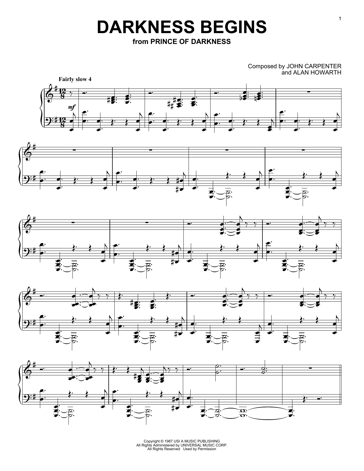 John Carpenter Darkness Begins (from Prince Of Darkness) Sheet Music Notes & Chords for Piano Solo - Download or Print PDF John Carpenter Darkness Begins (from Prince Of Darkness) Sheet Music Notes & Chords for Piano Solo - Download or Print PDF