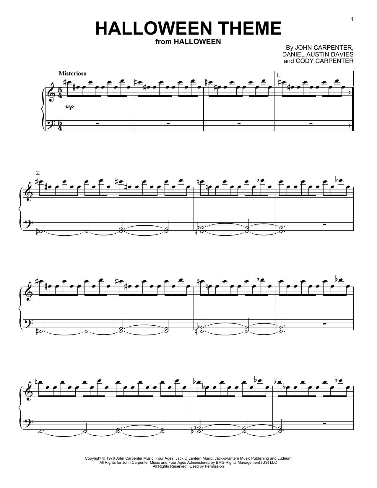 John Carpenter Halloween Theme Sheet Music Notes & Chords for Piano Solo - Download or Print PDF