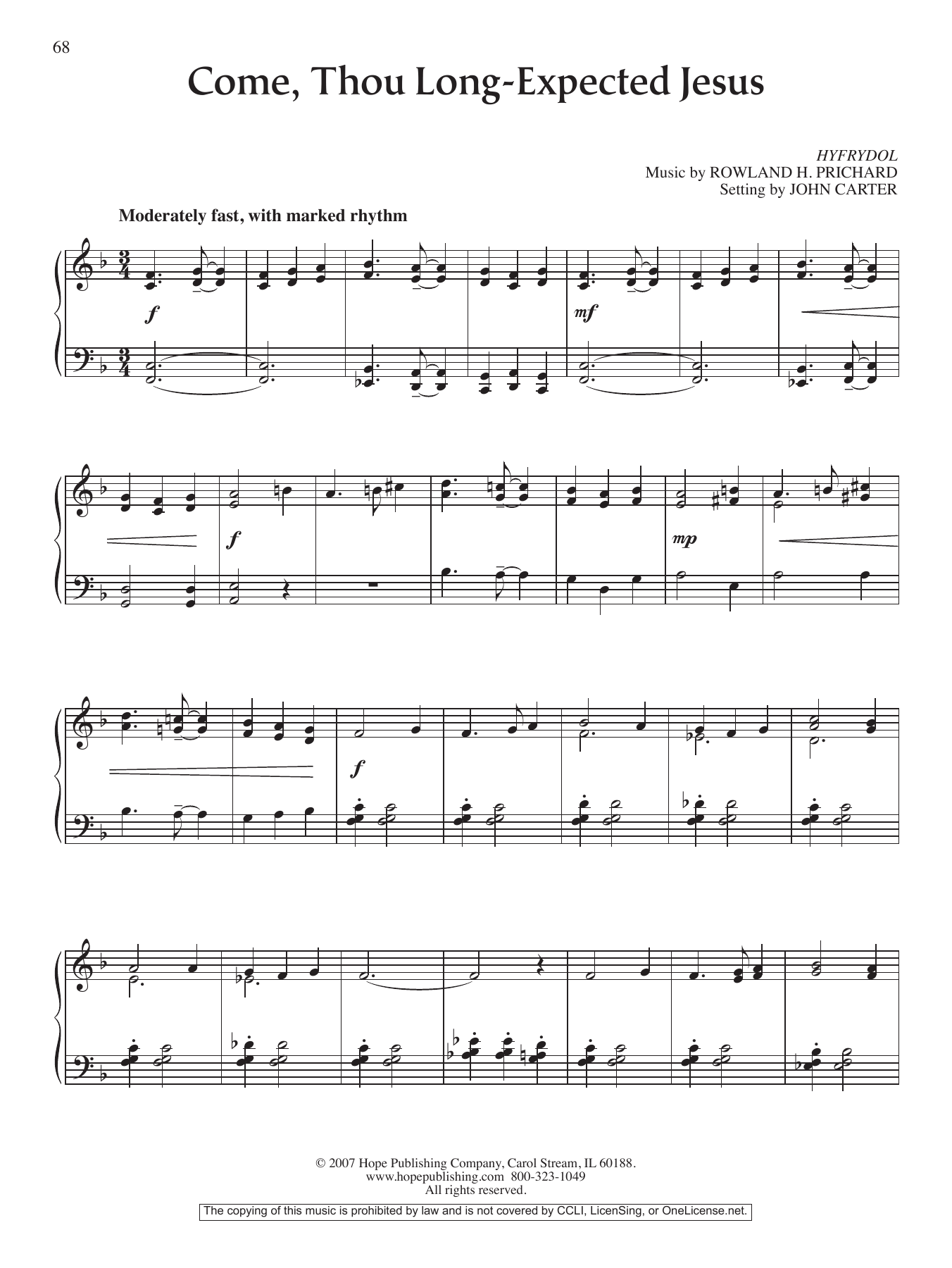 John Carter Come, Thou Long-Expected Jesus Sheet Music Notes & Chords for Piano Solo - Download or Print PDF