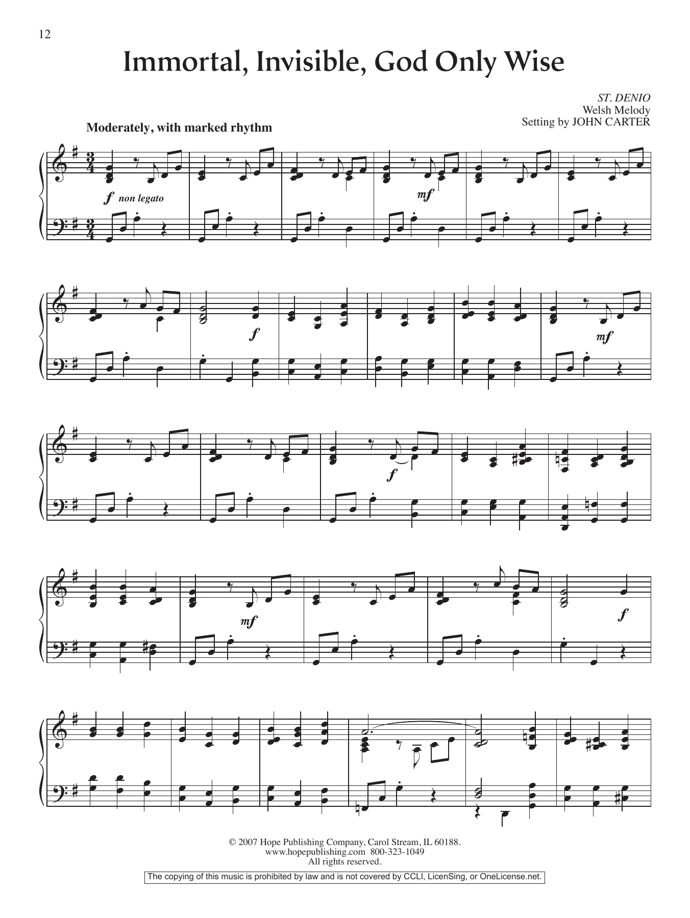 John Carter Immortal, Invisible, God Only Wise Sheet Music Notes & Chords for Piano Solo - Download or Print PDF