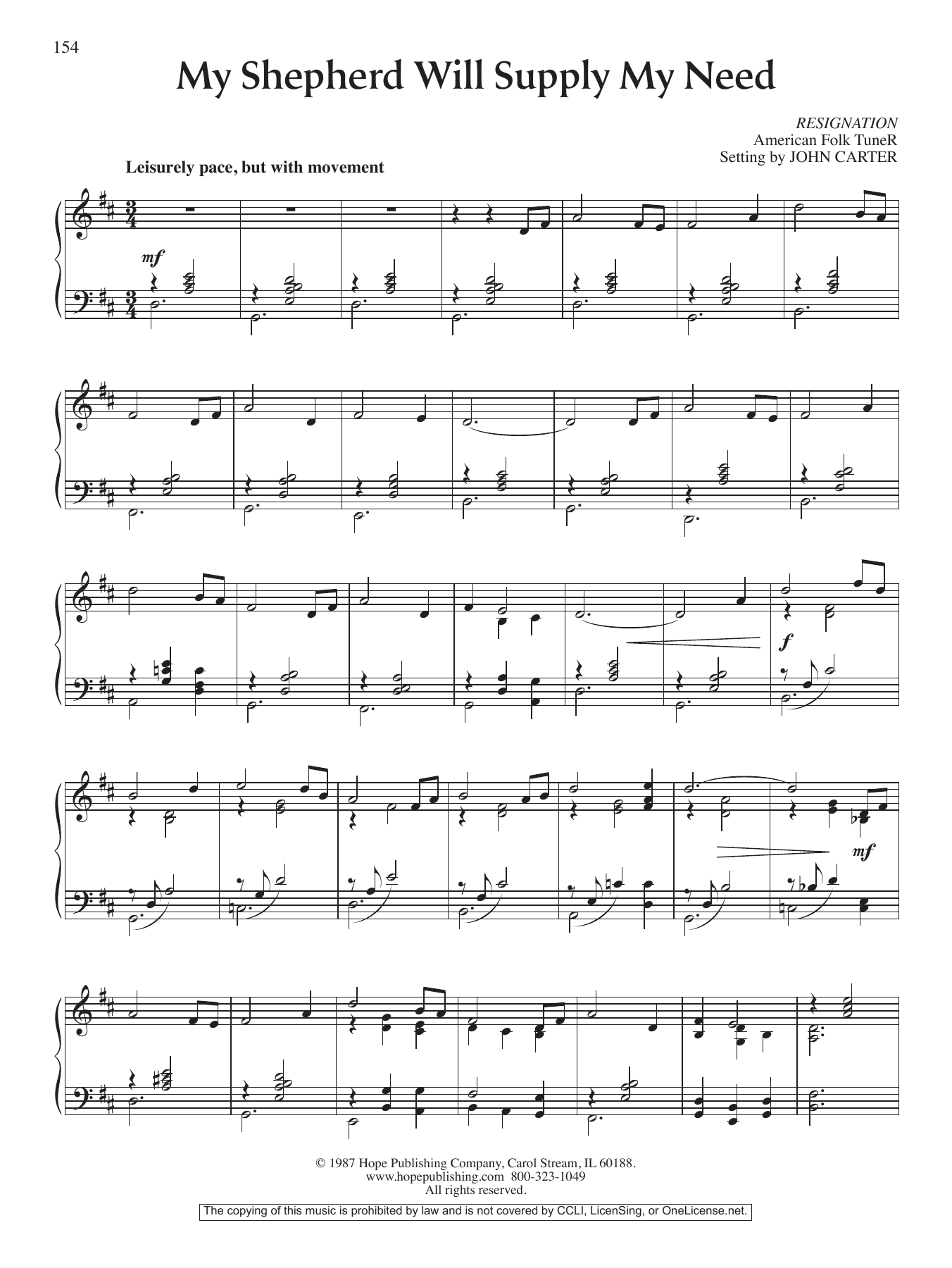 John Carter My Shepherd Will Supply My Need Sheet Music Notes & Chords for Piano Solo - Download or Print PDF