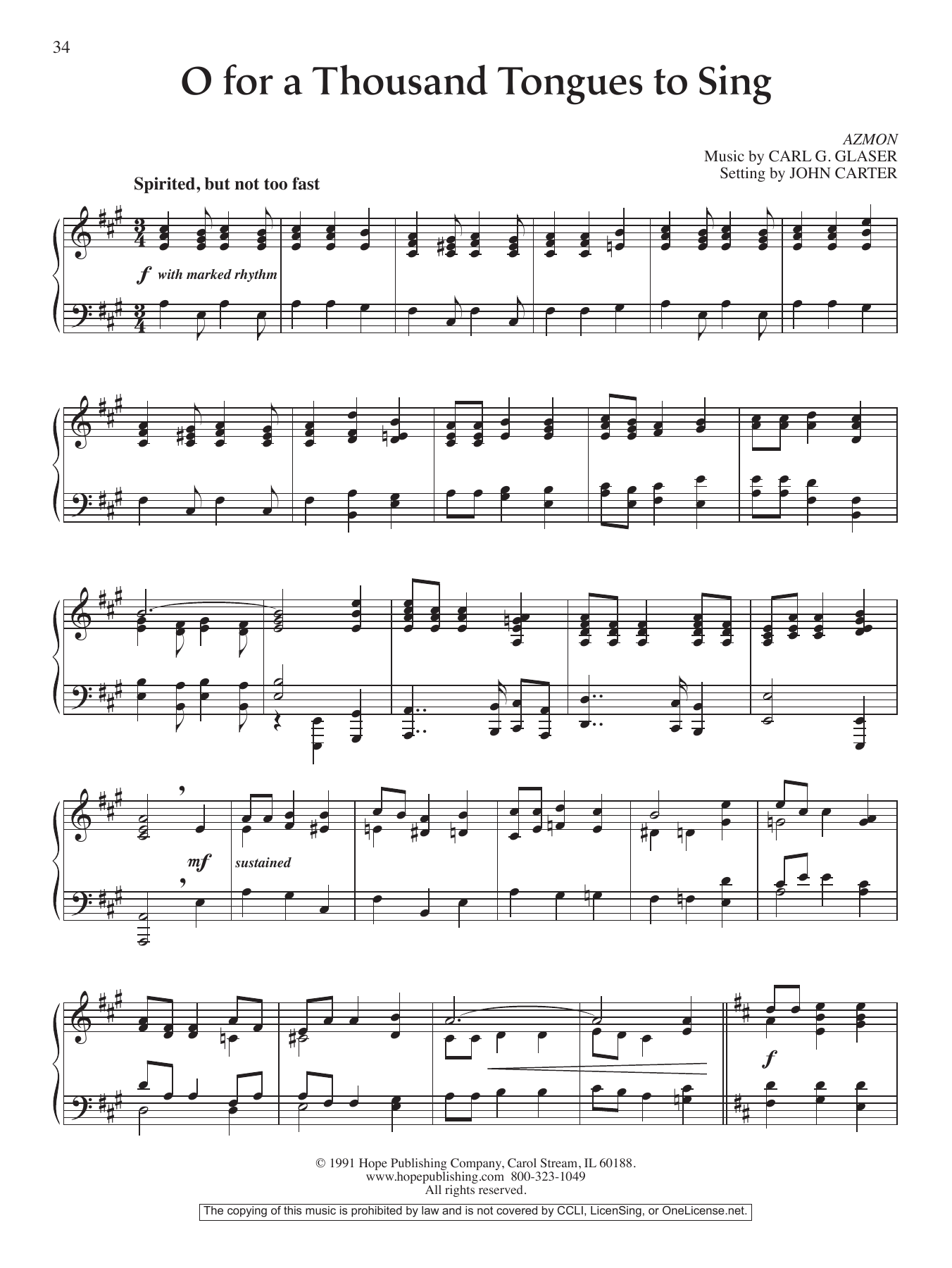 John Carter O For A Thousand Tongues To Sing Sheet Music Notes & Chords for Piano Solo - Download or Print PDF