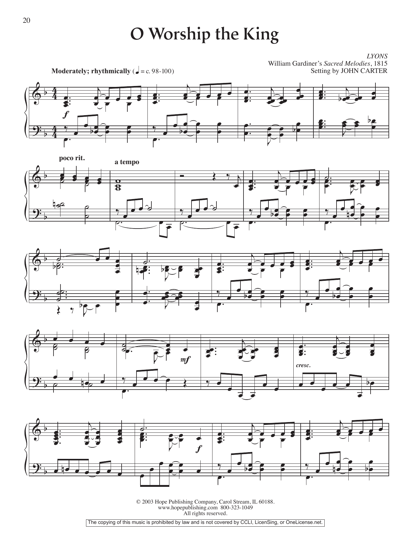 John Carter O Worship the King Sheet Music Notes & Chords for Piano Solo - Download or Print PDF