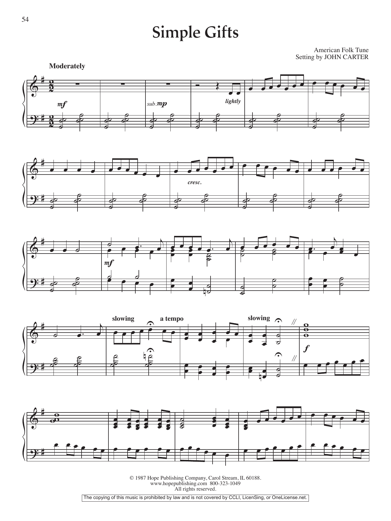 John Carter Simple Gifts Sheet Music Notes & Chords for Piano Solo - Download or Print PDF