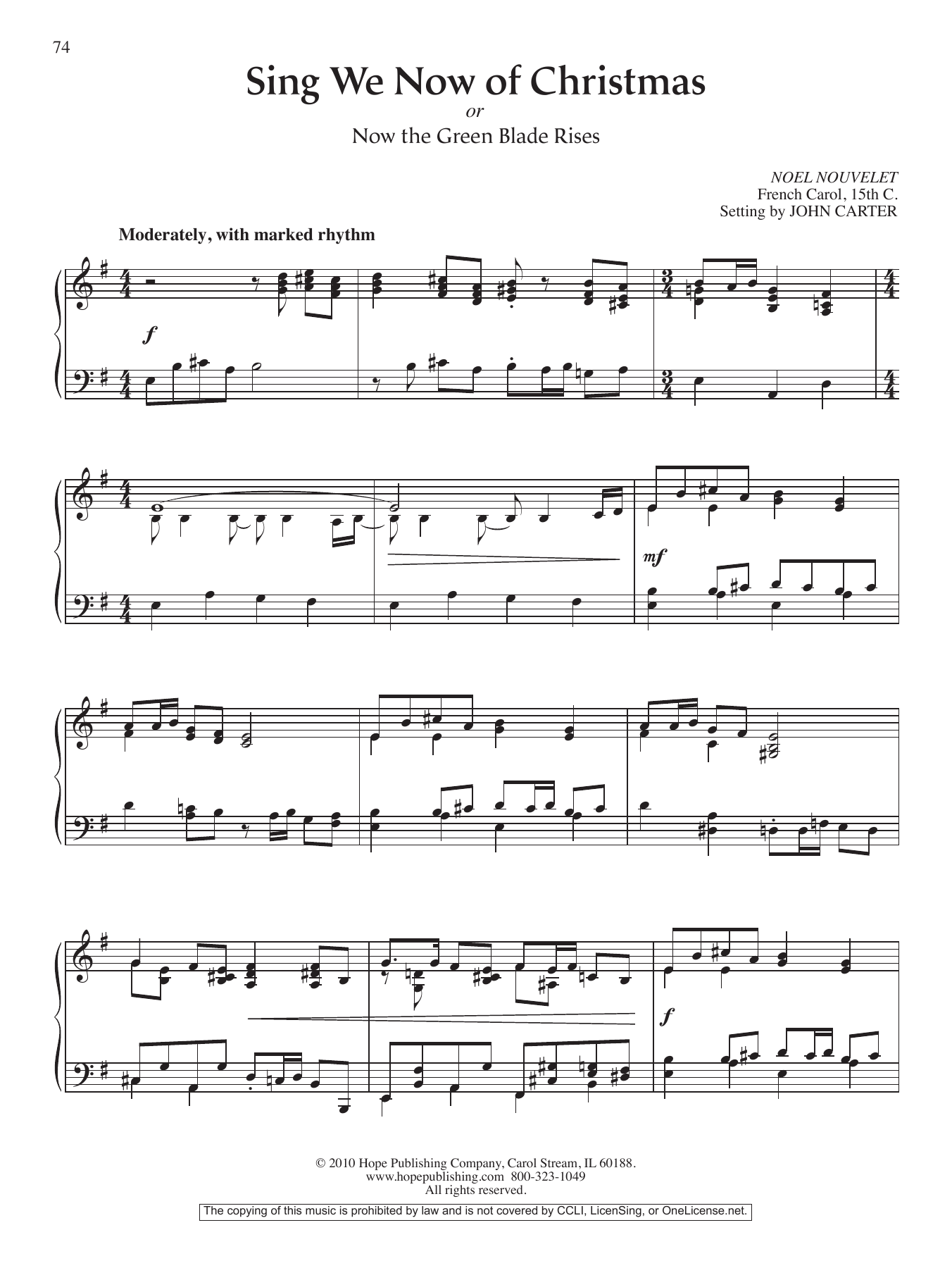 John Carter Sing We Now of Chistmas (or Now the Green Blade Rises) Sheet Music Notes & Chords for Piano Solo - Download or Print PDF