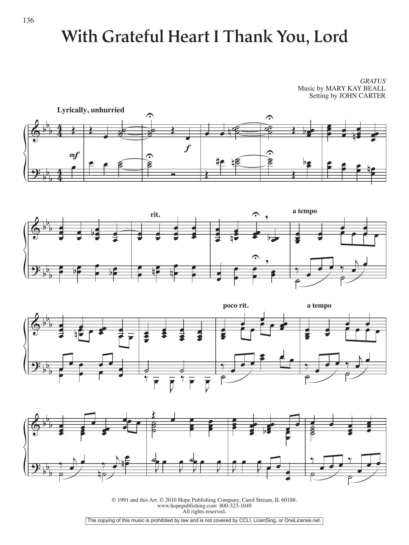 John Carter With Grateful Heart I Thank You, Lord Sheet Music Notes & Chords for Piano Solo - Download or Print PDF