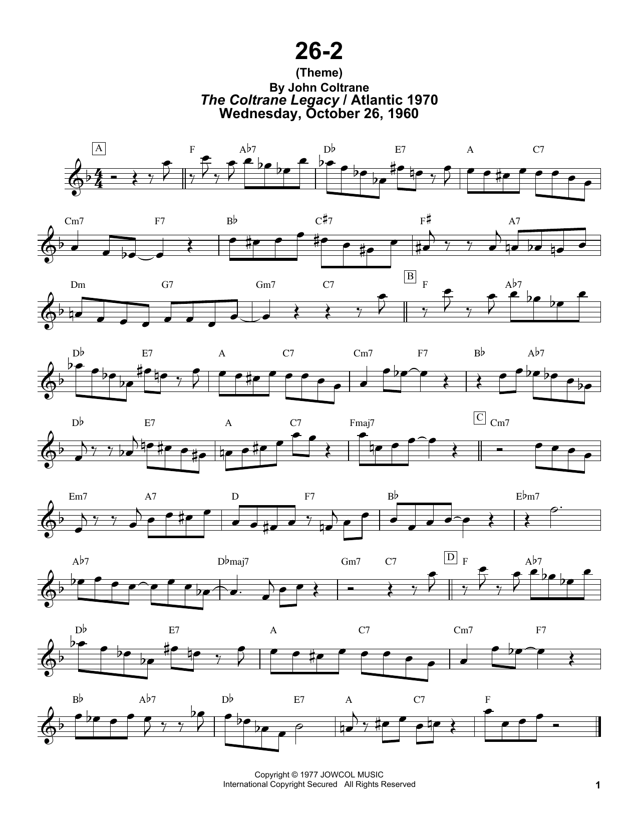John Coltrane 26-2 Sheet Music Notes & Chords for Tenor Sax Transcription - Download or Print PDF