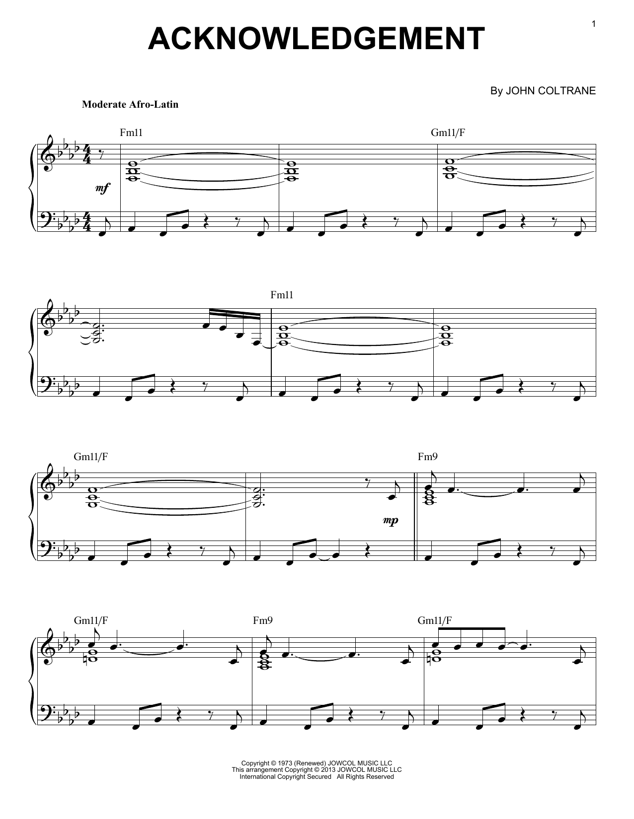 John Coltrane Acknowledgement (arr. Brent Edstrom) Sheet Music Notes & Chords for Piano Solo - Download or Print PDF