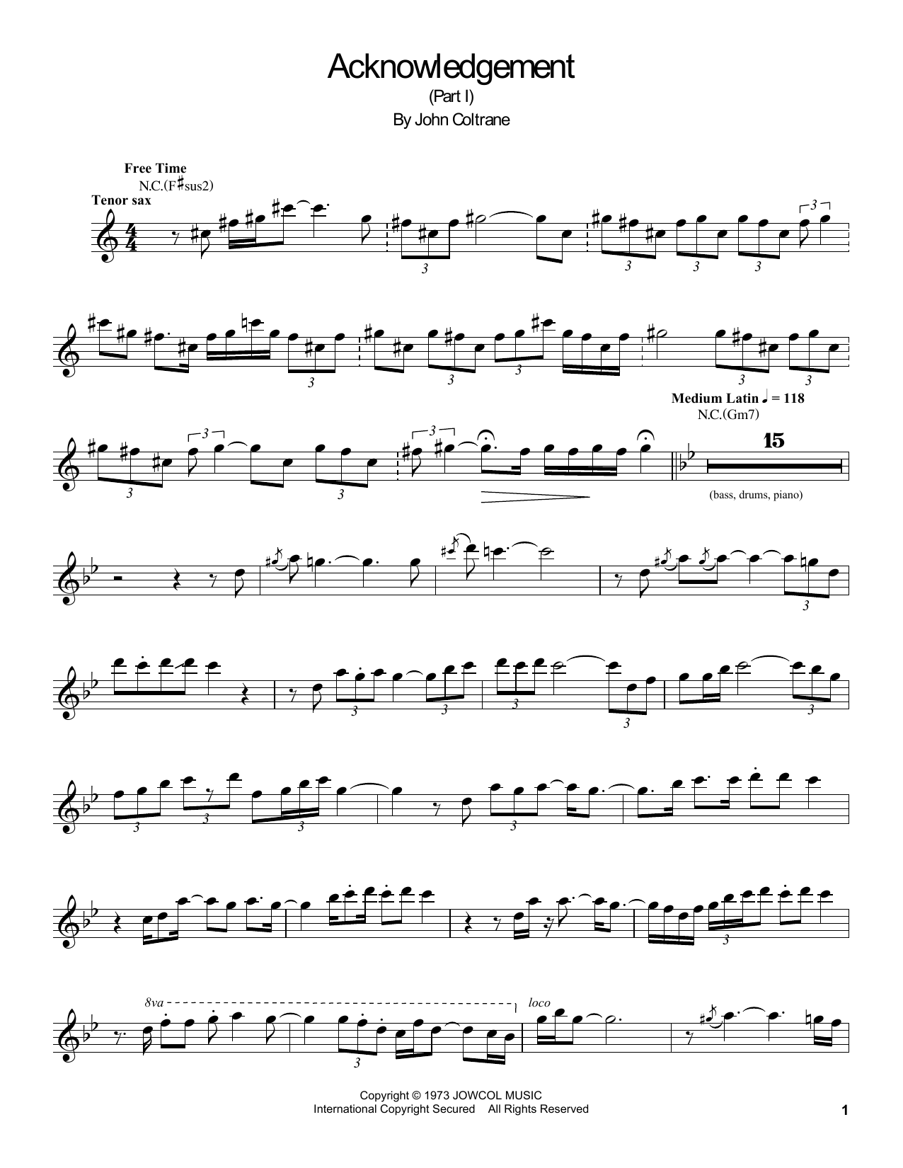 John Coltrane Acknowledgement Sheet Music Notes & Chords for Tenor Sax Transcription - Download or Print PDF