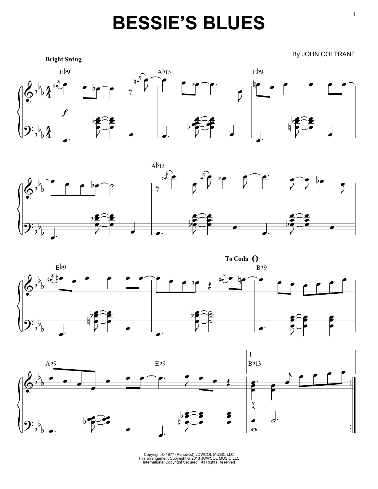 John Coltrane Bessie's Blues (arr. Brent Edstrom) Sheet Music Notes & Chords for Piano Solo - Download or Print PDF