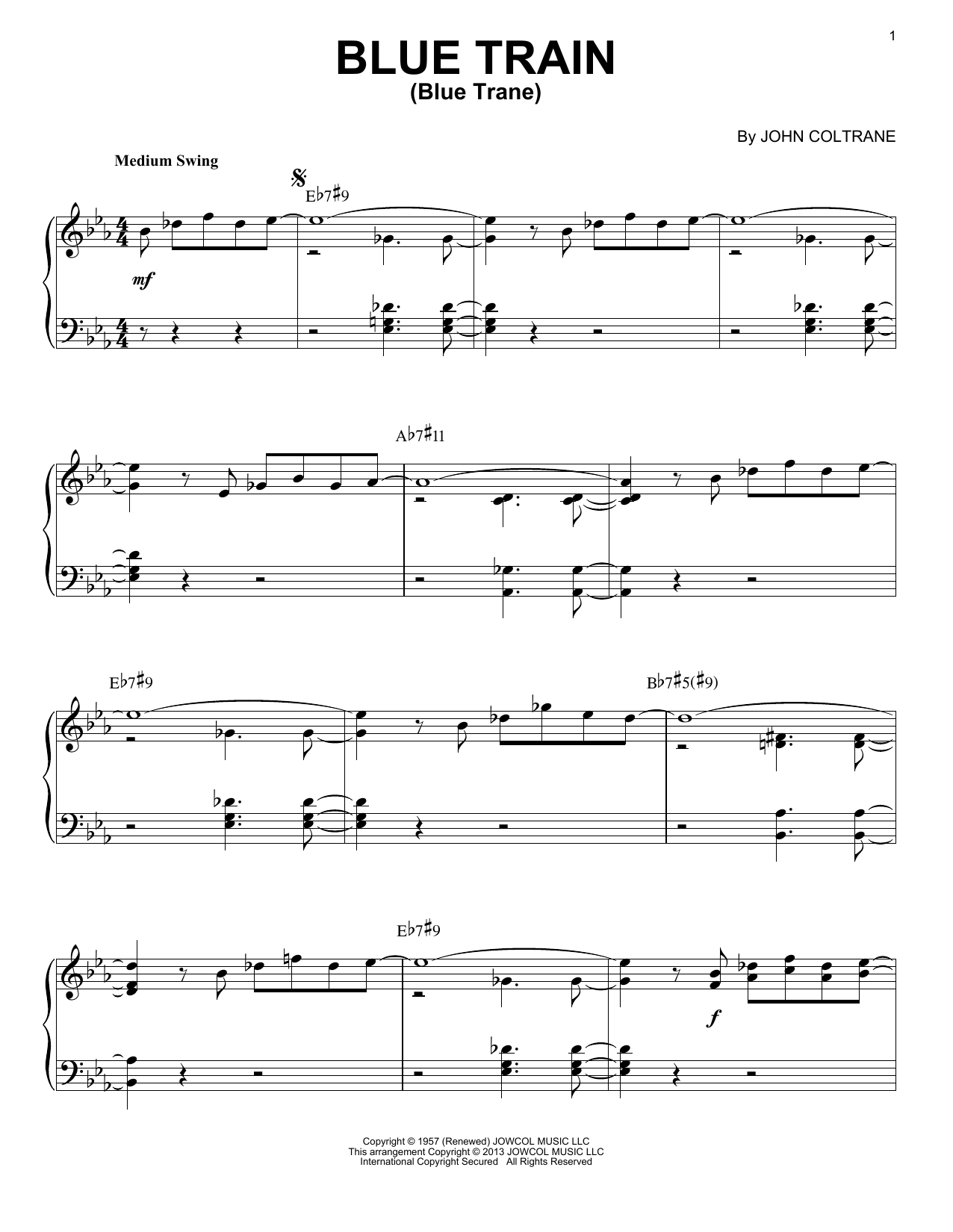 John Coltrane Blue Train (Blue Trane) (arr. Brent Edstrom) Sheet Music Notes & Chords for Piano Solo - Download or Print PDF